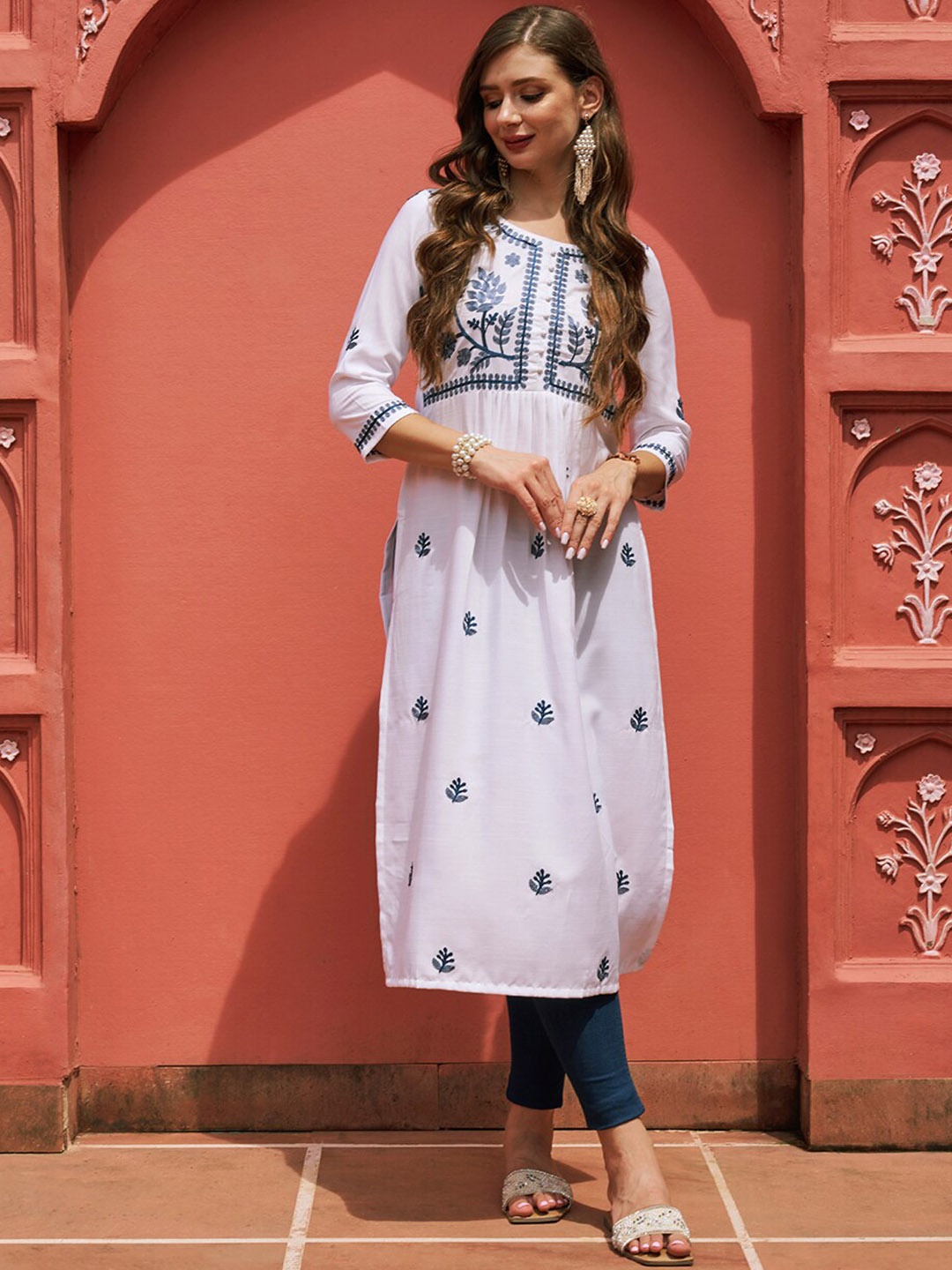 

KALINI Floral Embroidered Kurta, White