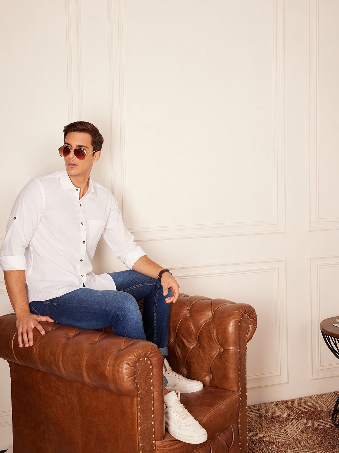 

DENNISON Smart Fit Spread Collar Roll-Up Sleeves Pocket Hemp Casual Shirt, White