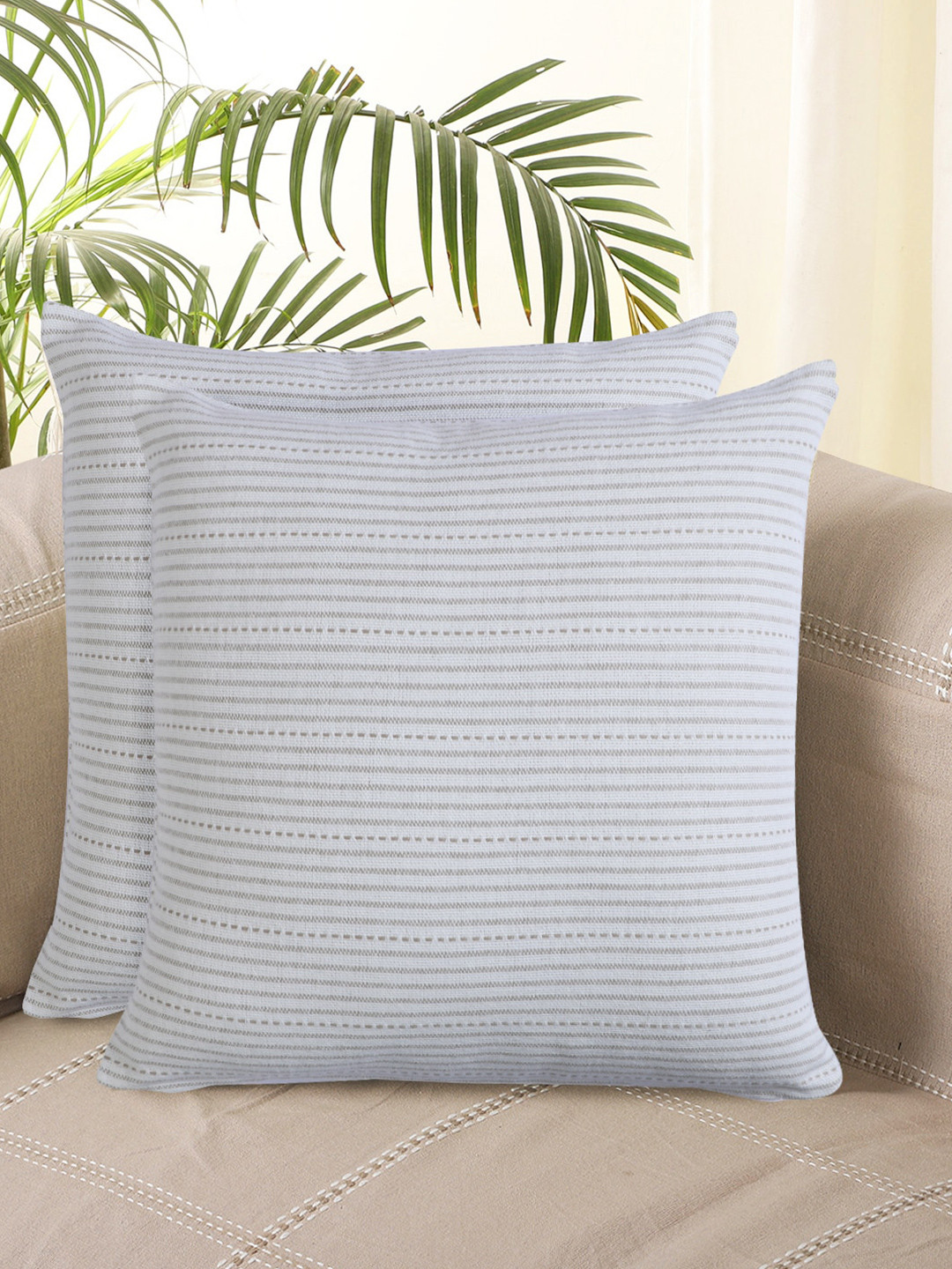 

Jamio Firati Grey & Beige 2 Pieces Striped Pure Cotton Square Cushion Covers