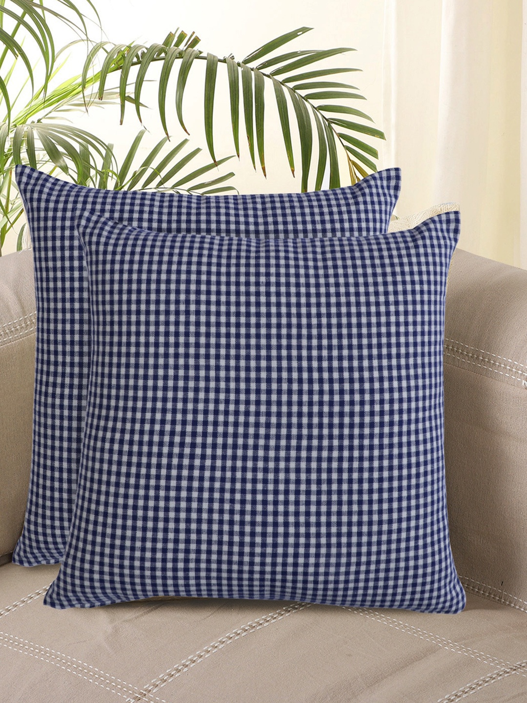 

Jamio Firati Blue & Off White 2 Pieces Checked Pure Cotton Square Cushion Covers