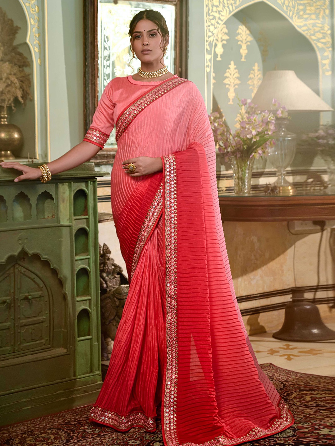

Mitera Ombre Printed Mirror Work Saree, Red