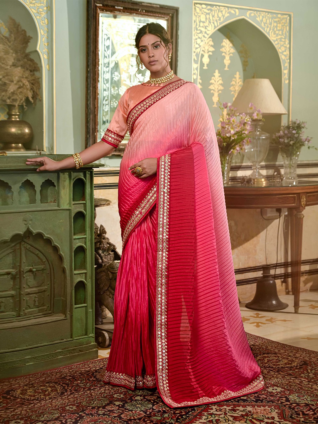 

Mitera Ombre Dyed Embellished Saree, Pink