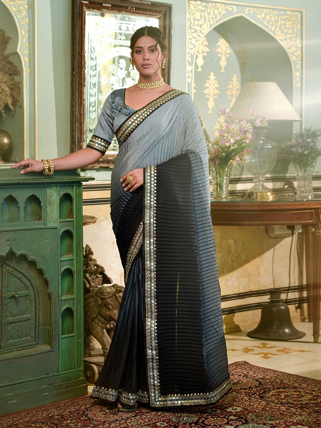 

Mitera Ombre Embroidered Silk Blend Saree, Black