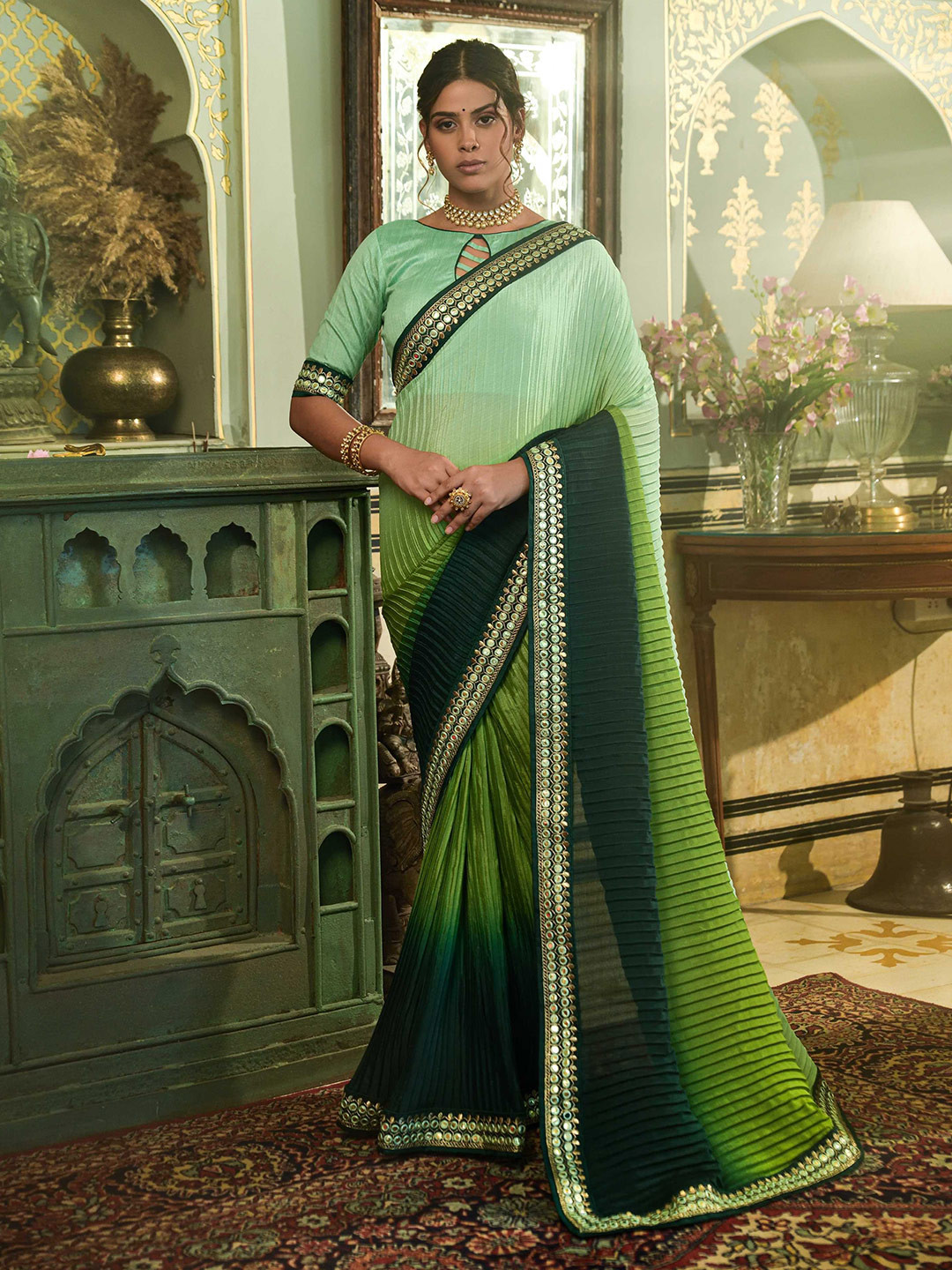 

Mitera Embroidered Mirror Work Saree, Green