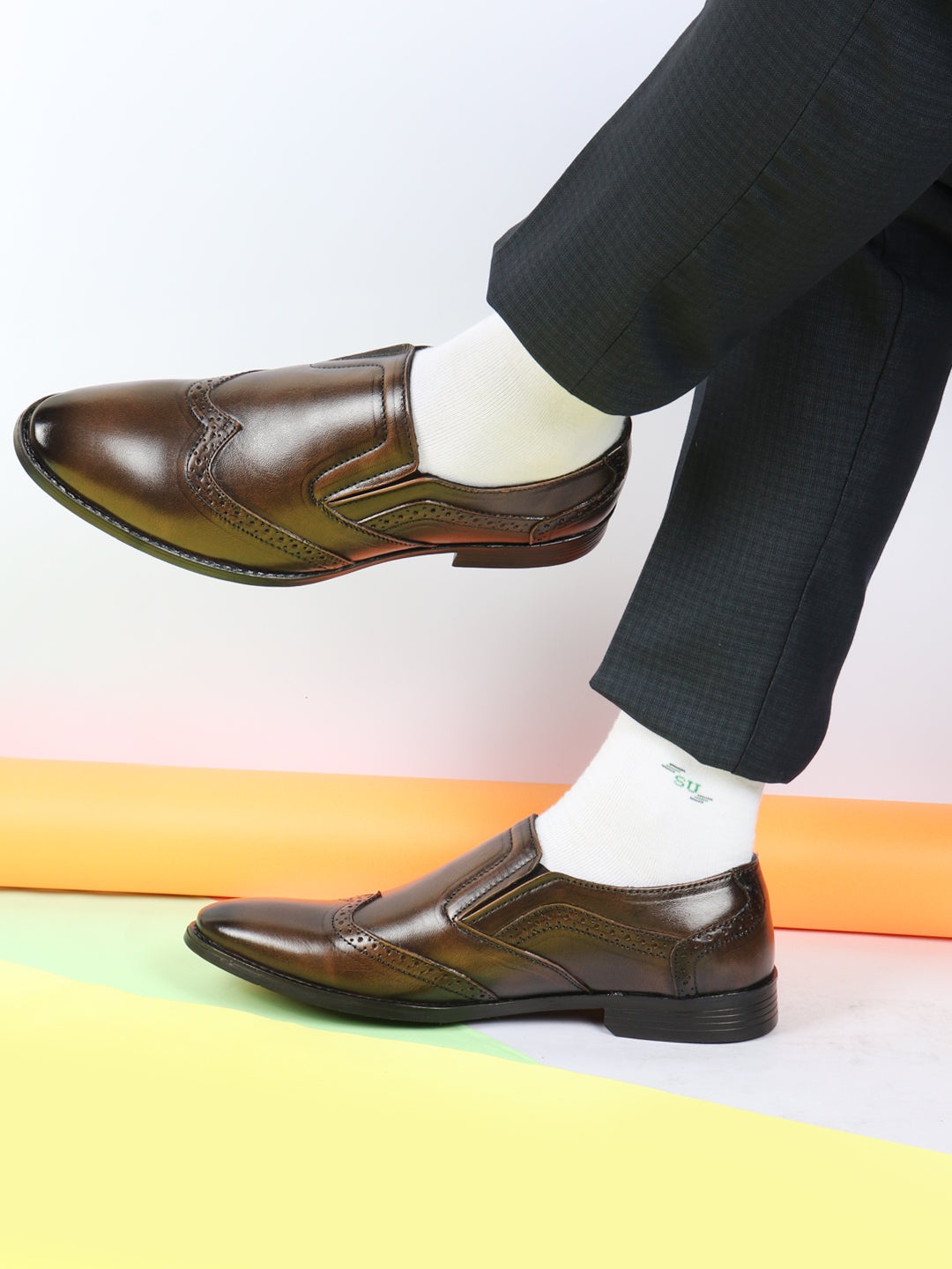 

FAUSTO Men Perforated Leather Slip-On Formal Brogues, Brown