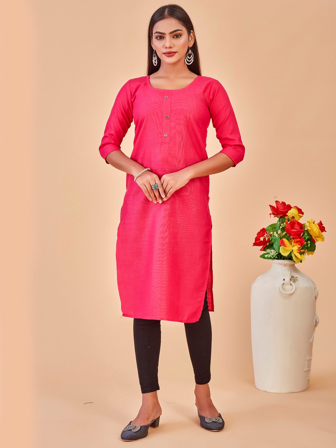

Anouk Round Neck Pure Cotton Straight Kurta, Pink
