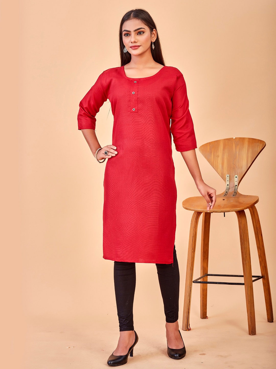 

Anouk Red Round Neck Straight Cotton Kurta