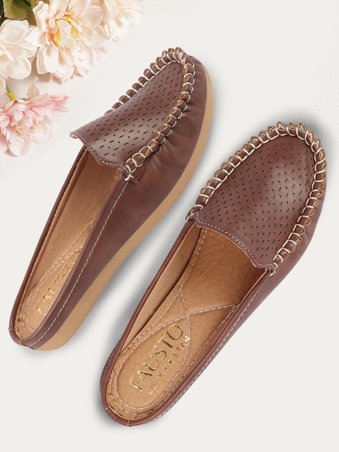 

FAUSTO Women Textured Side Stitched Lightweight Mules With Laser Cuts, Brown