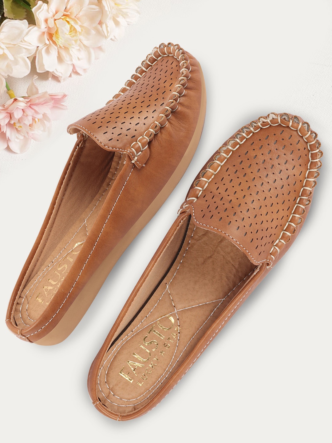 FAUSTO Women Side Stitched Laser Cut Mules, Tan
