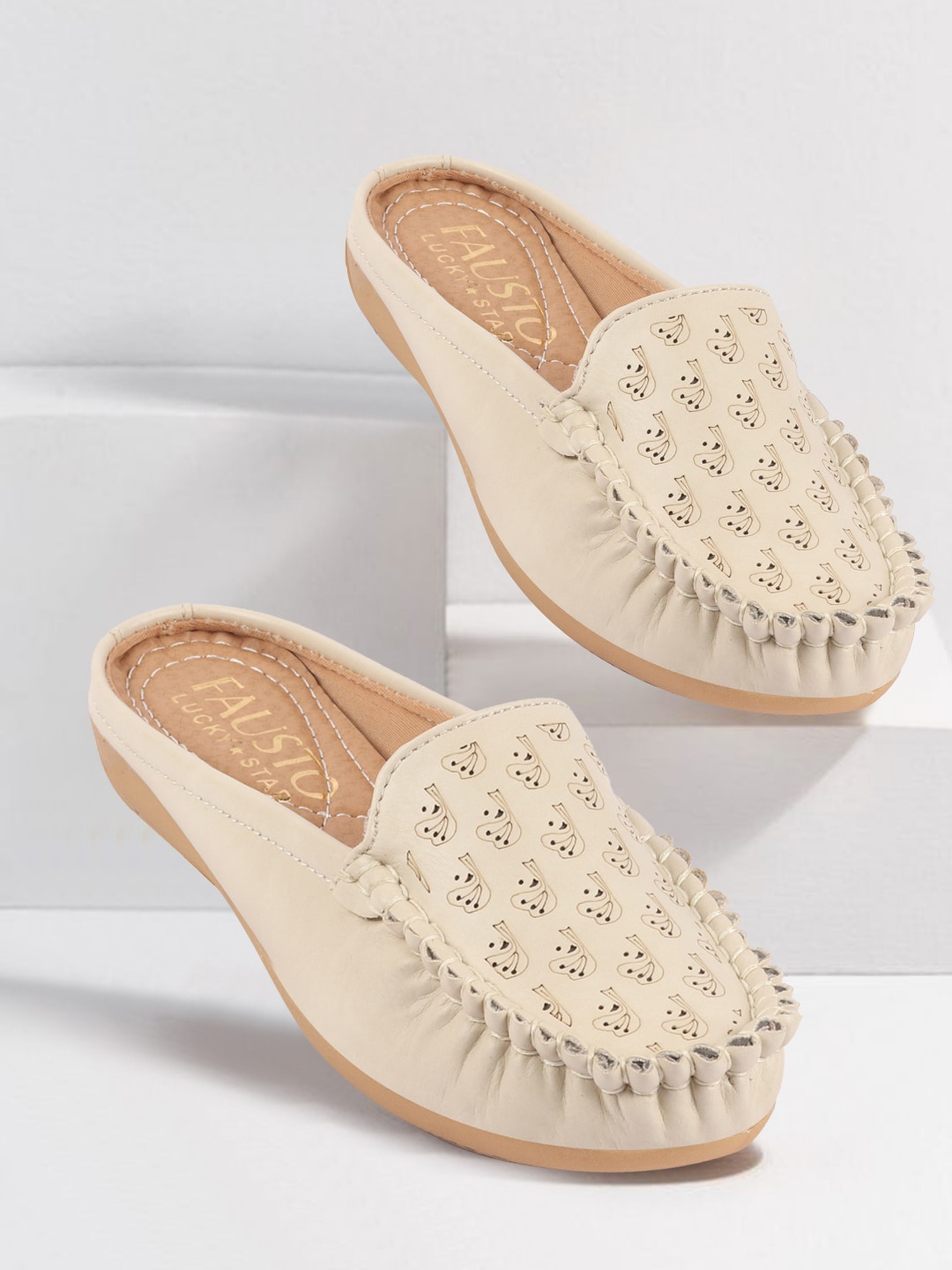 

FAUSTO Women Textured Side Stitched Lightweight Mules With Laser Cuts, Cream