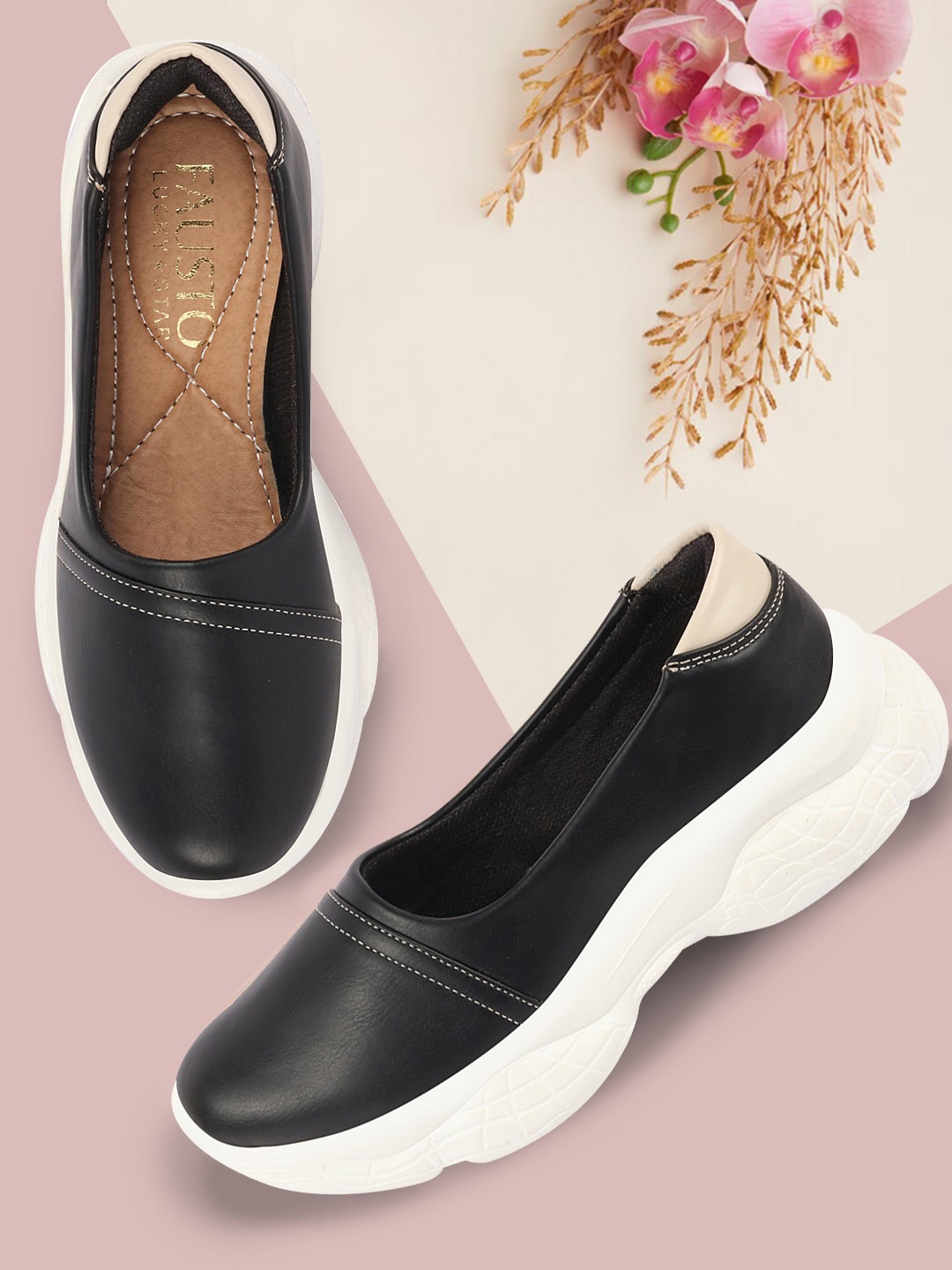 

FAUSTO Women Stitched Design Lightweight Slip-On Sneakers, Black