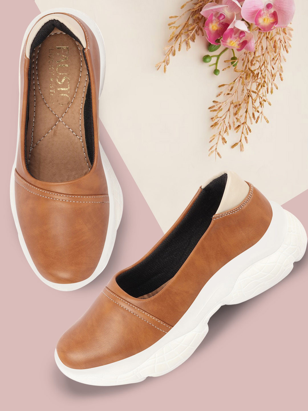 

FAUSTO Women Stitched Design Lightweight Slip-On Sneakers, Camel brown
