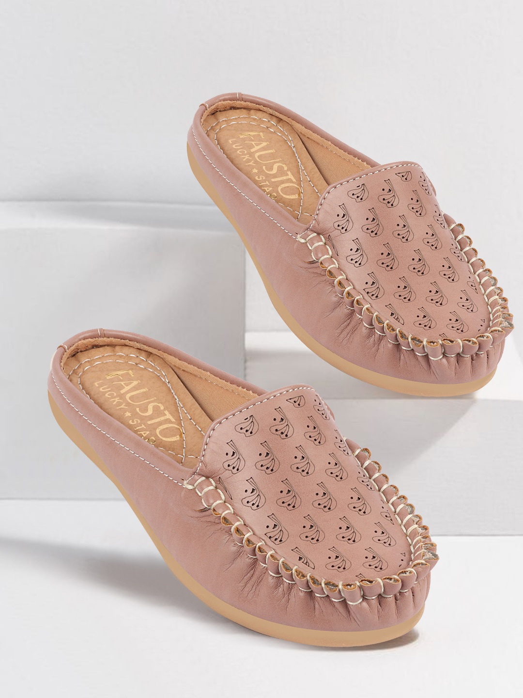 

FAUSTO Women Textured Side Stitched Lightweight Mules With Laser Cuts, Peach