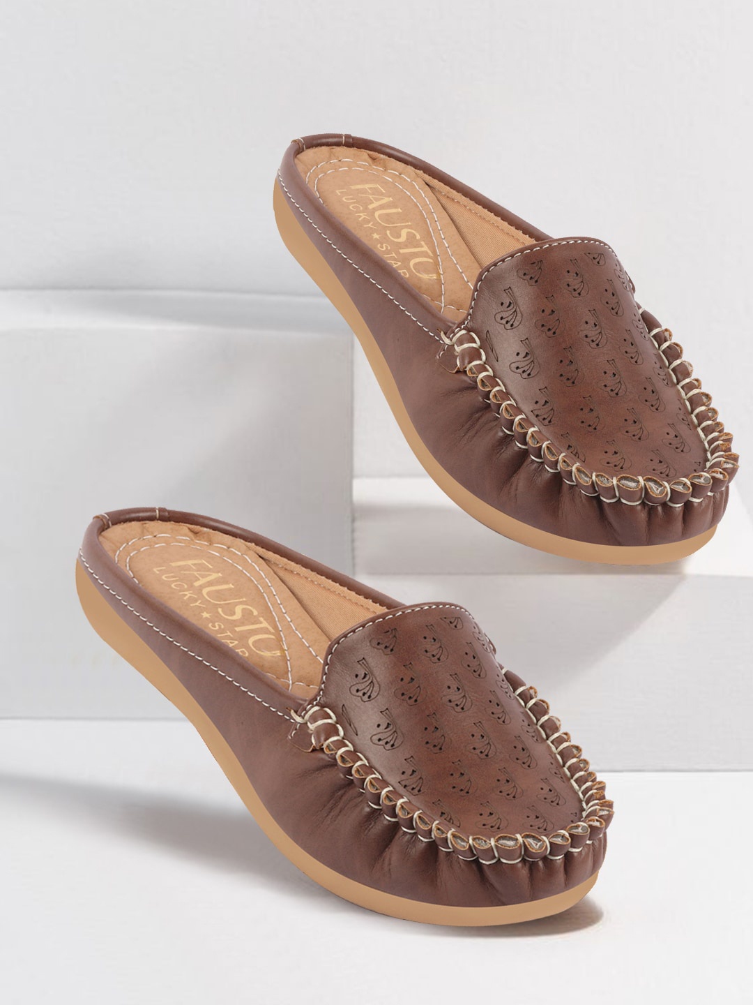 

FAUSTO Women Perforated Side Stitched Lightweight Mules, Brown