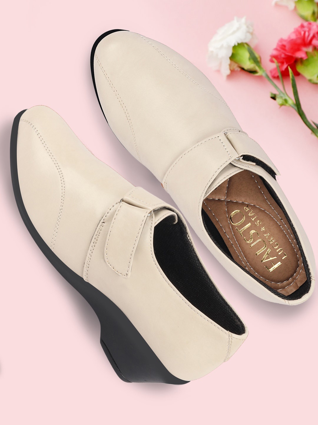 

FAUSTO Round Toe Wedges Pumps With Velcro Detail, Cream