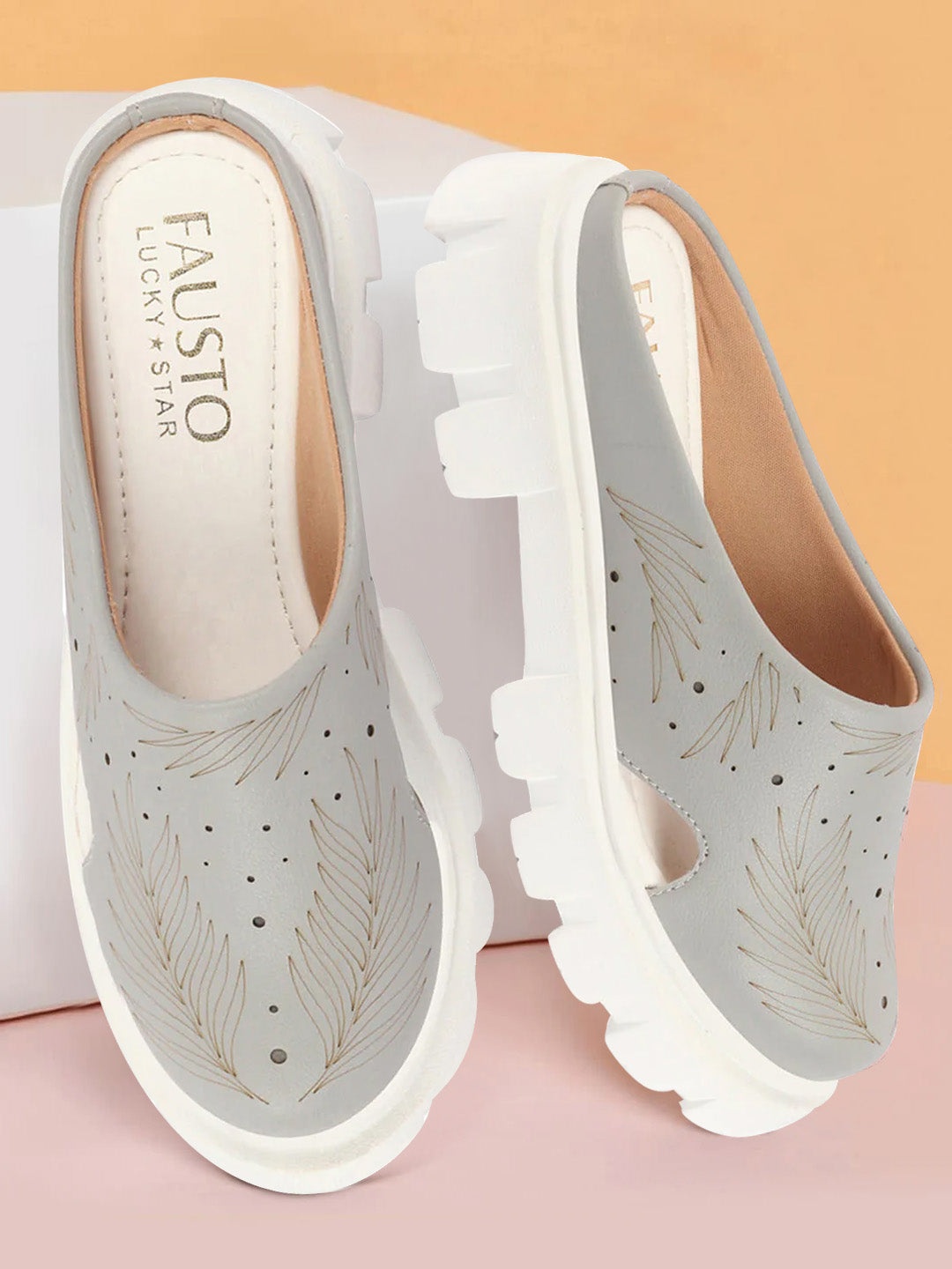 

FAUSTO Women Textured Lightweight Comfort Insole Clogs With Laser Cuts, Grey