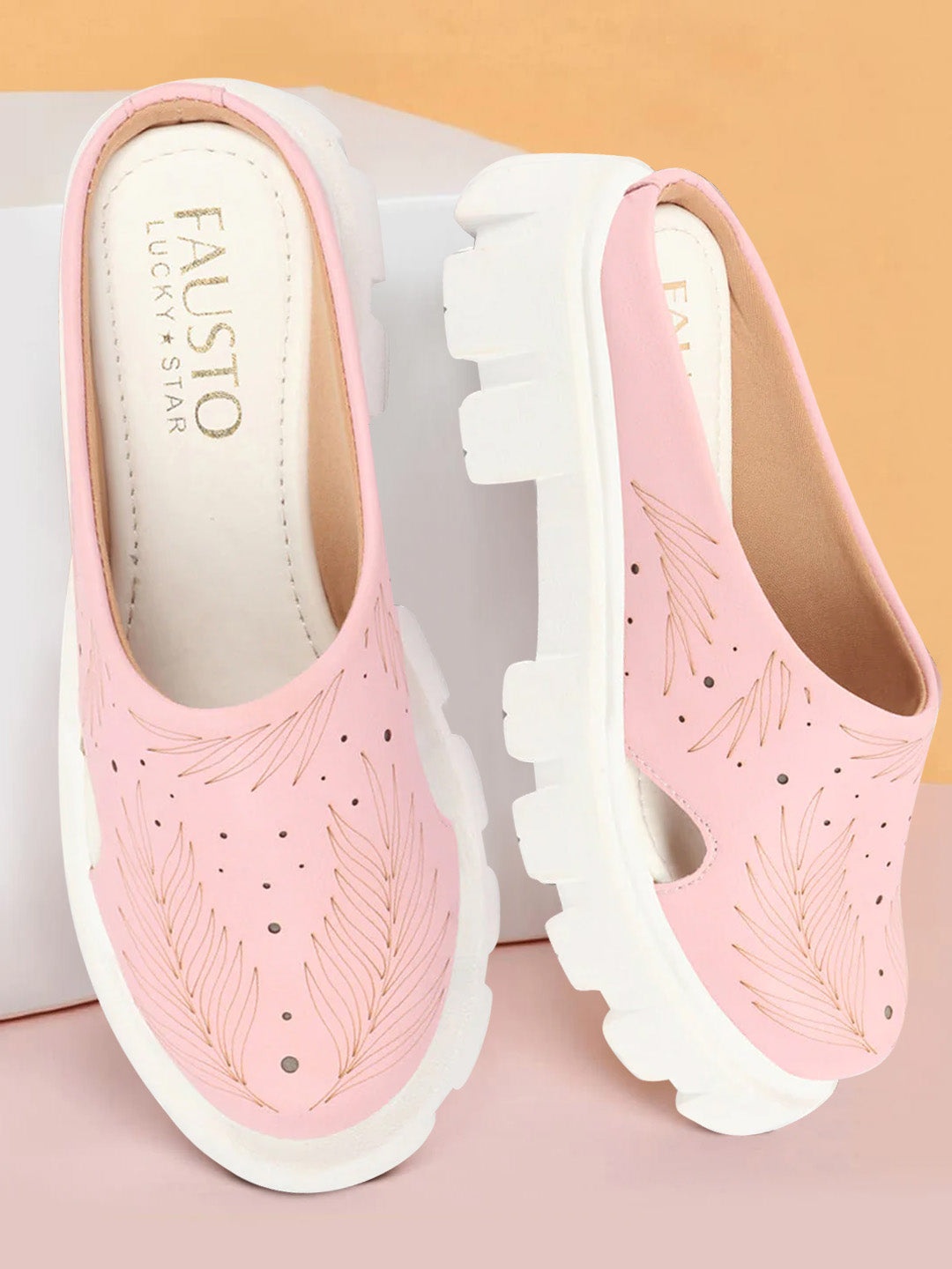 

FAUSTO Women Leaf Printed Lightweight Mules With Laser Cuts, Pink