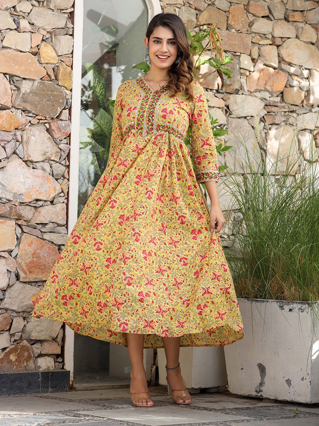 

KAAJH Floral Printed Gathered Cotton A-Line Midi Ethnic Dress, Mustard