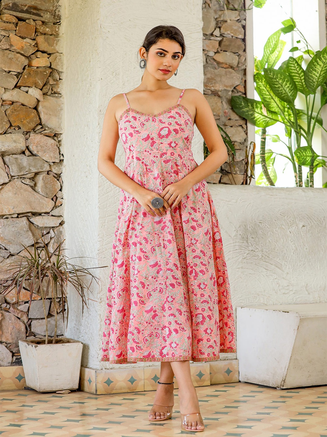 

KAAJH Floral Printed Cotton Shoulder Straps Fit & Flare Midi Dress, Pink