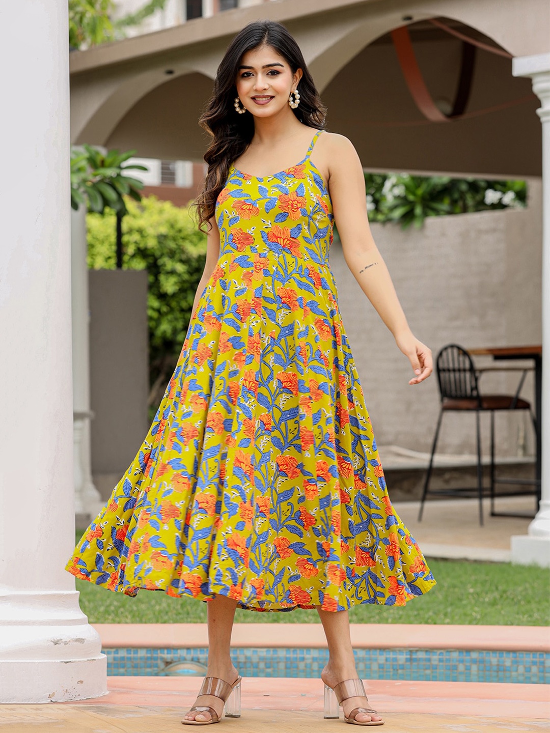 

KAAJH Floral Printed A-Line Pure Cotton Midi Dress, Green
