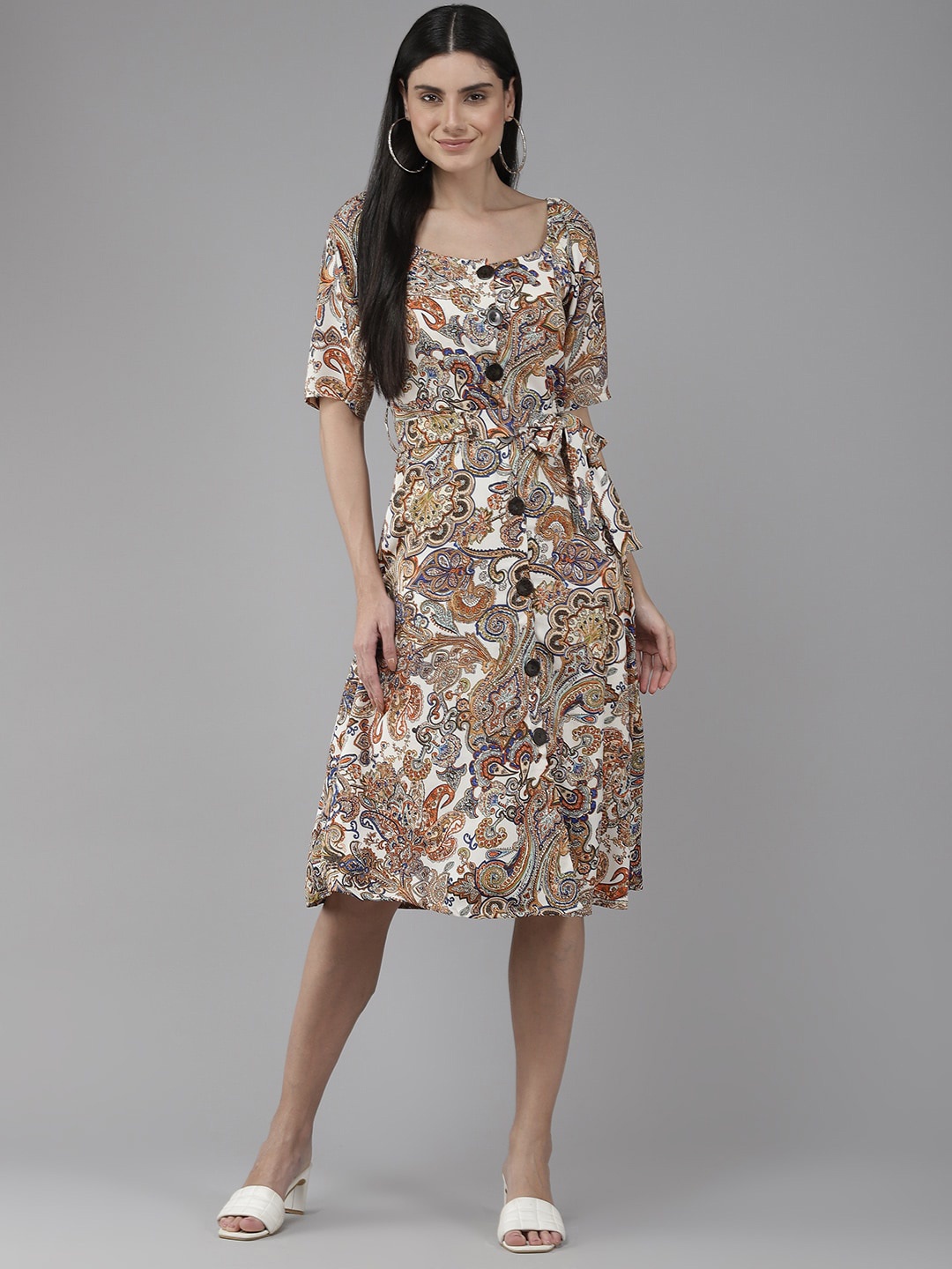 

Aarika Ethnic Motifs Printed Square Neck A-Line Dress With Belt, Off white