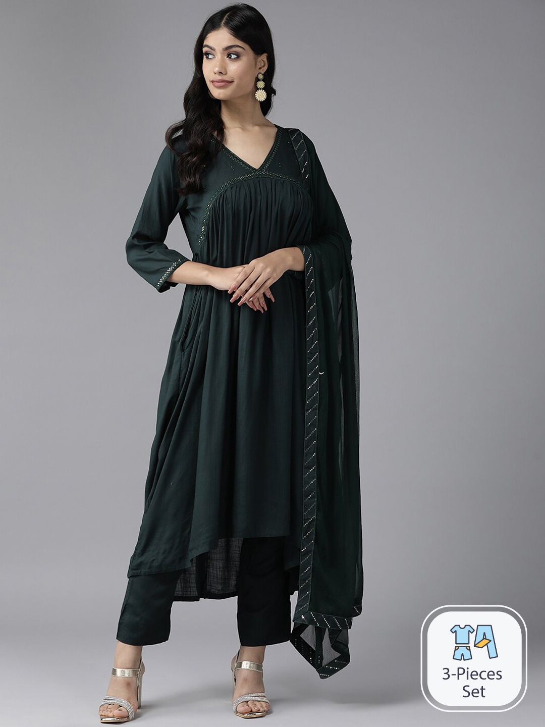 

Aarika Embroidered Sequined A-Line Pleated Kurta with Trousers & Dupatta, Green