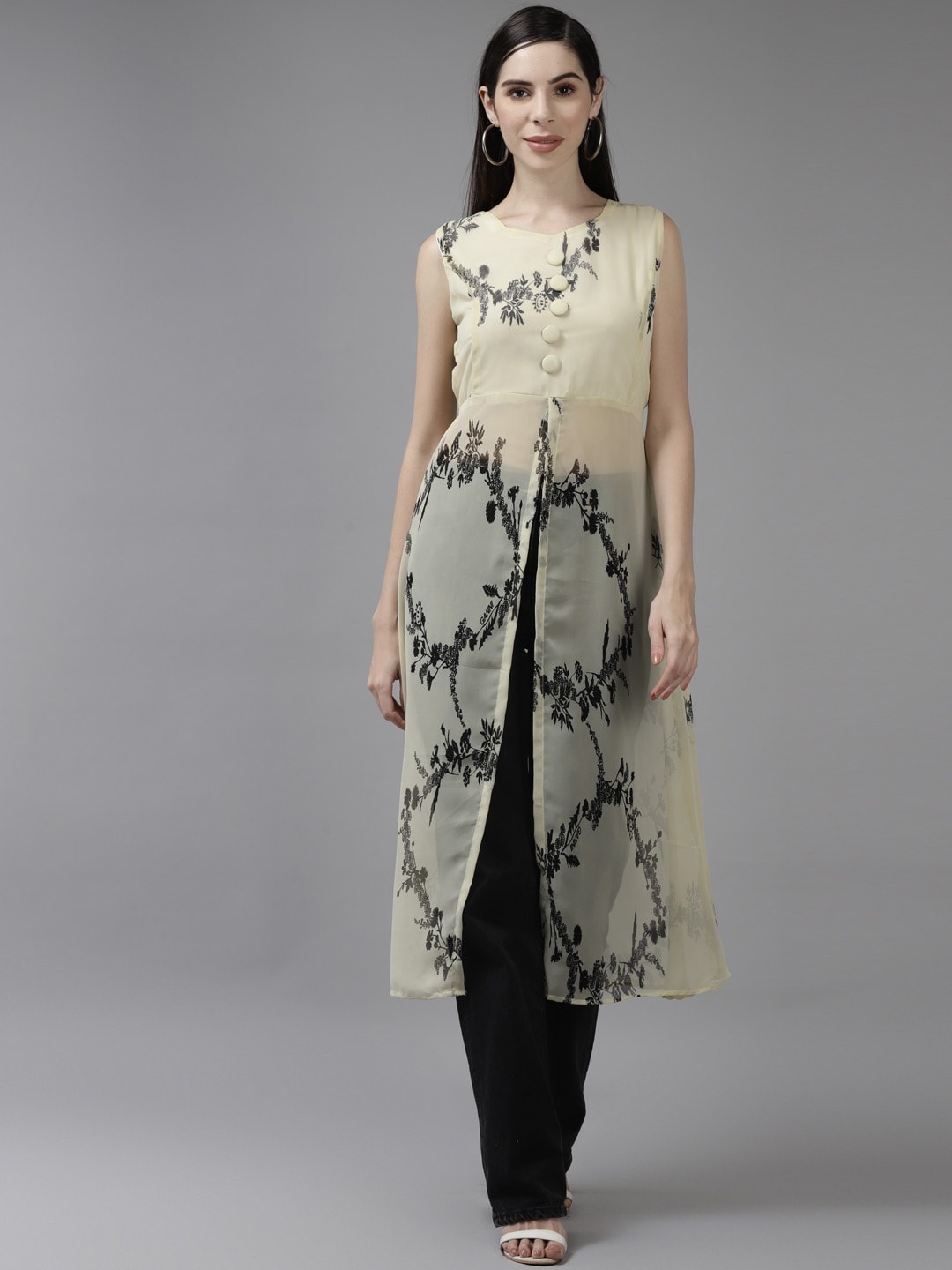 

Aarika Floral Printed Georgette High Slit Fusion Kurta, Yellow