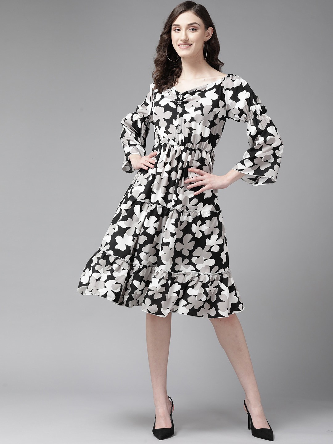 

Aarika Floral Printed Square Neck Puff Sleeves Gathered Detailed Fit & Flare Midi Dress, Black