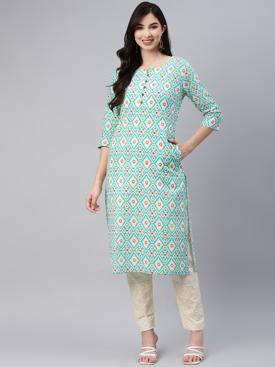 

Aarika Ethnic Motifs Printed Pure Cotton A Line Kurta, Sea green