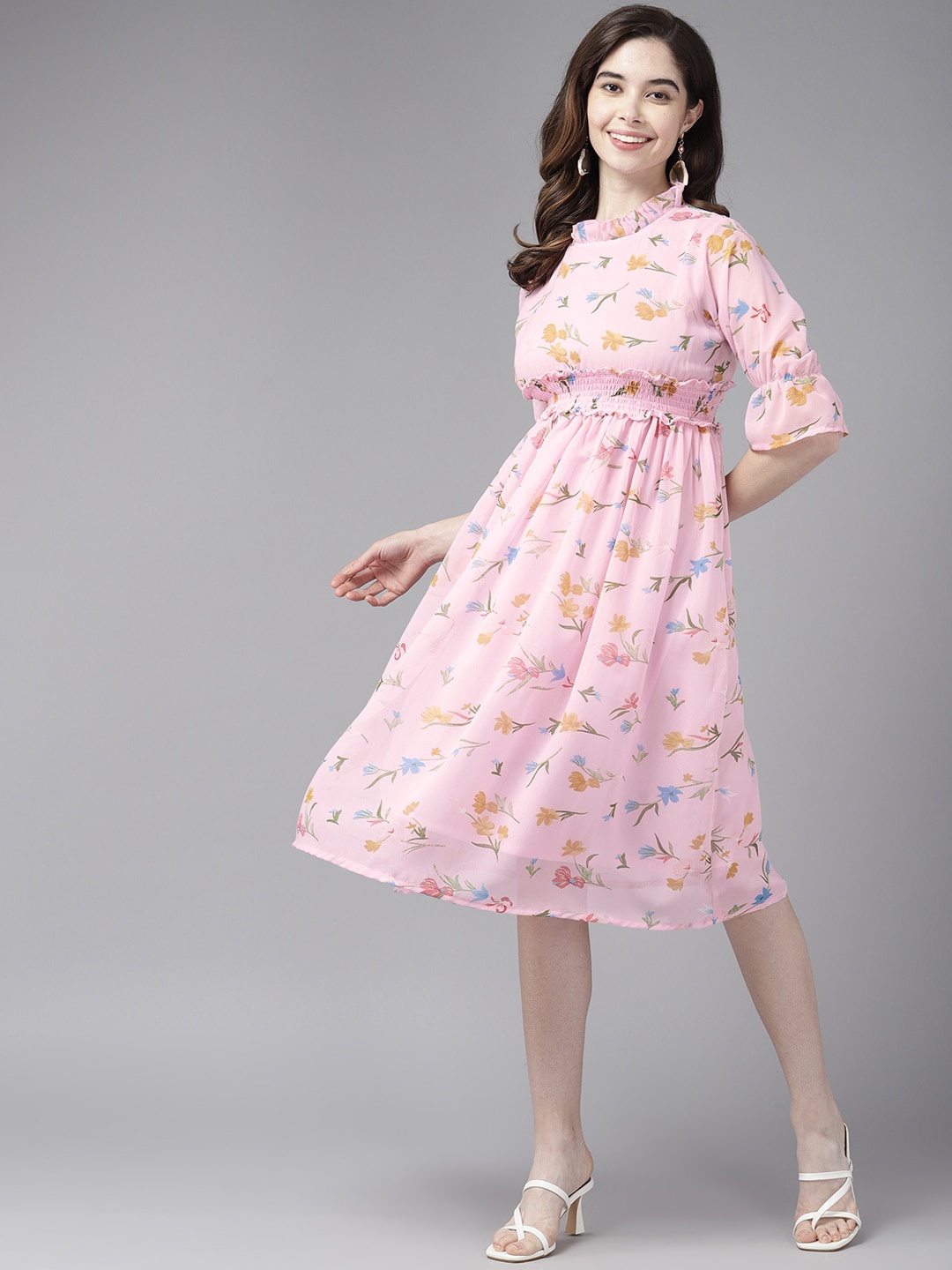 

Aarika Floral Printed High Neck Bell Sleeves Smocked Detailed Fit & Flare Midi Dress, Pink