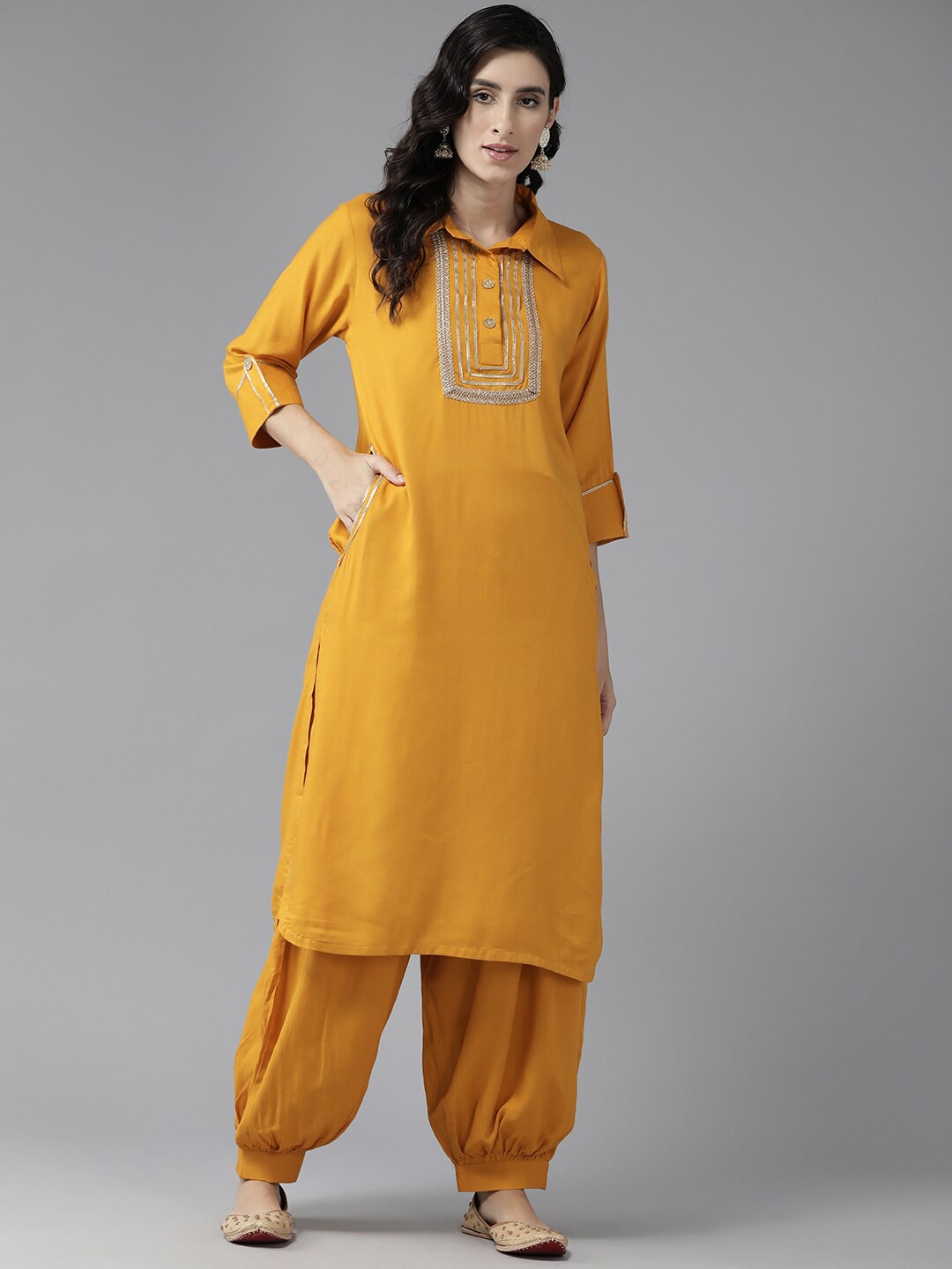 

Aarika Ethnic Yoke Design Regular Gotta Patti Pure Cotton Kurta With Salwar & Potli Bag, Yellow