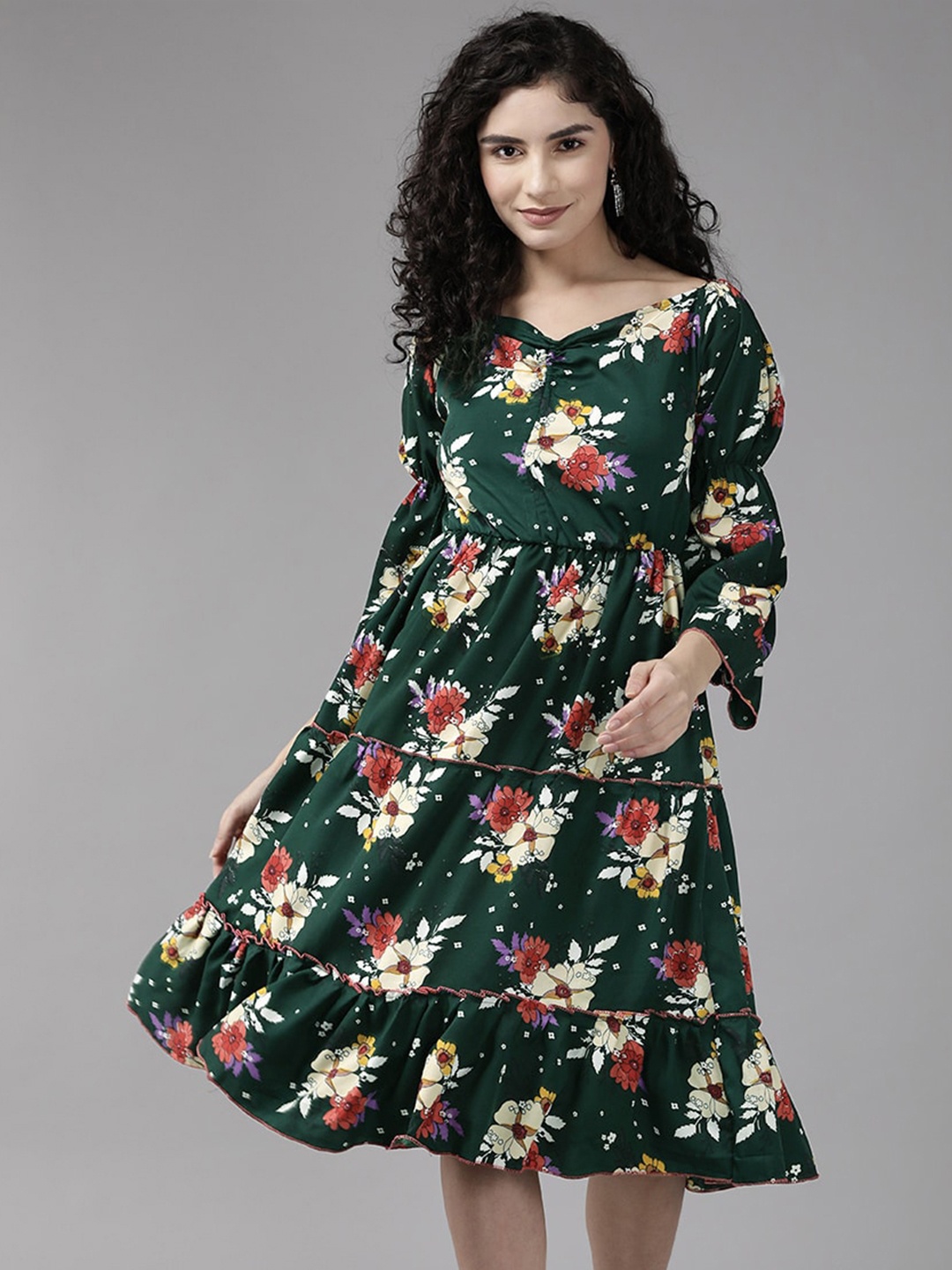 

Aarika Floral Printed V-Neck Bell Sleeve Empire Dress, Green