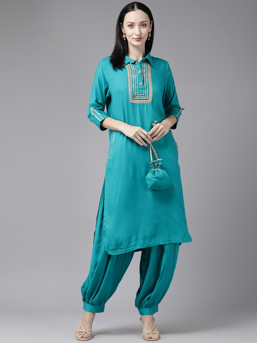 

Aarika Yoke Design Gotta Patti Shirt Collar Kurta with Salwar & Dupatta, Sea green