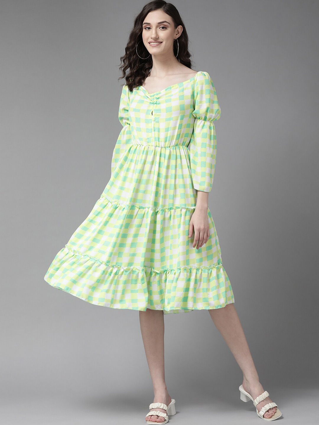 

Aarika Checked Flared Sleeves Tiered A-Line Knee Length Dress, Green