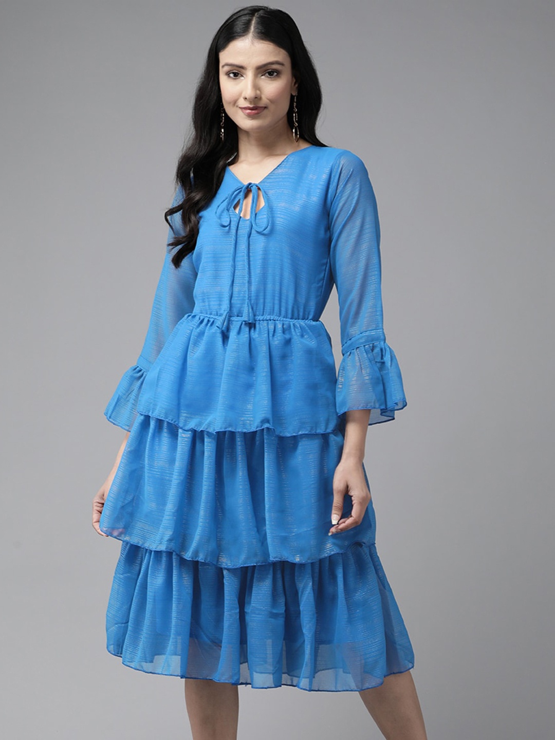 

Aarika Tie-Up Neck Bell Sleeve Georgette Fit & Flare Dress, Blue