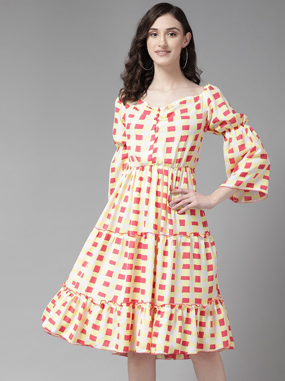 

Aarika Geometric Printed V-Neck Bell Sleeve Empire Dress, Red