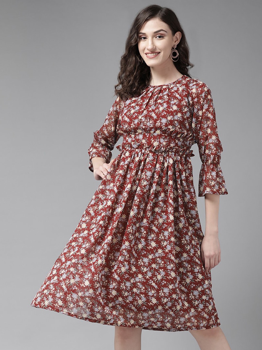 

Aarika Floral Printed Bell Sleeve Pleated A-Line Knee Length Dress, Maroon