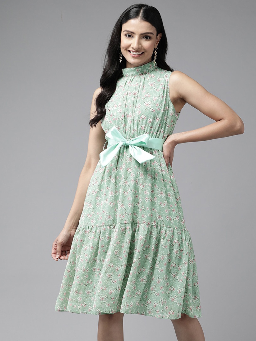 

Aarika Floral Printed Mock Neck Sleeveless Tie-Ups Fit & Flare Dress, Green