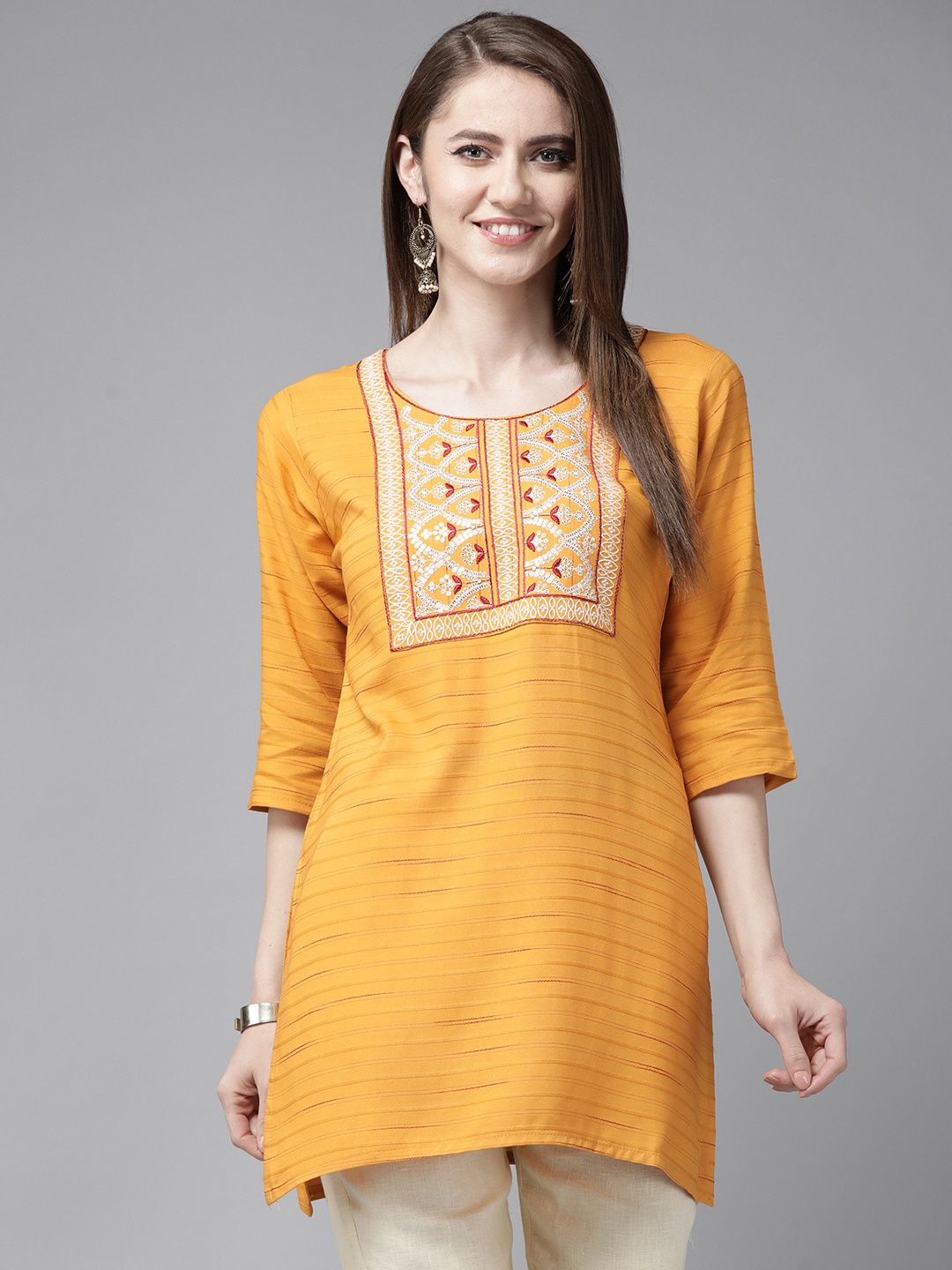 

Aarika Ethnic Motifs Embroidered Pure Cotton Kurti, Yellow