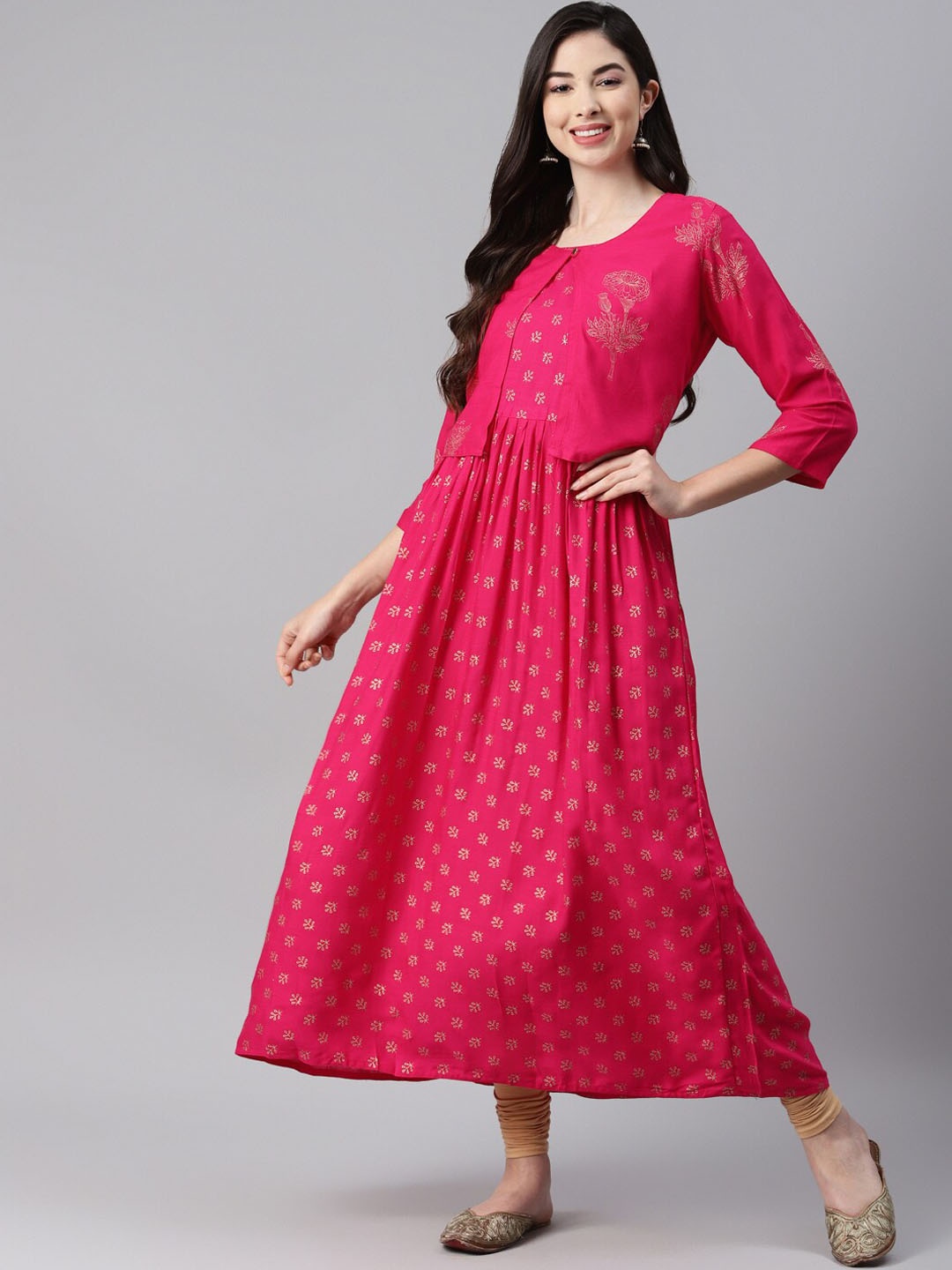 

Aarika Floral Printed Empire Cotton Anarkali Kurta, Pink