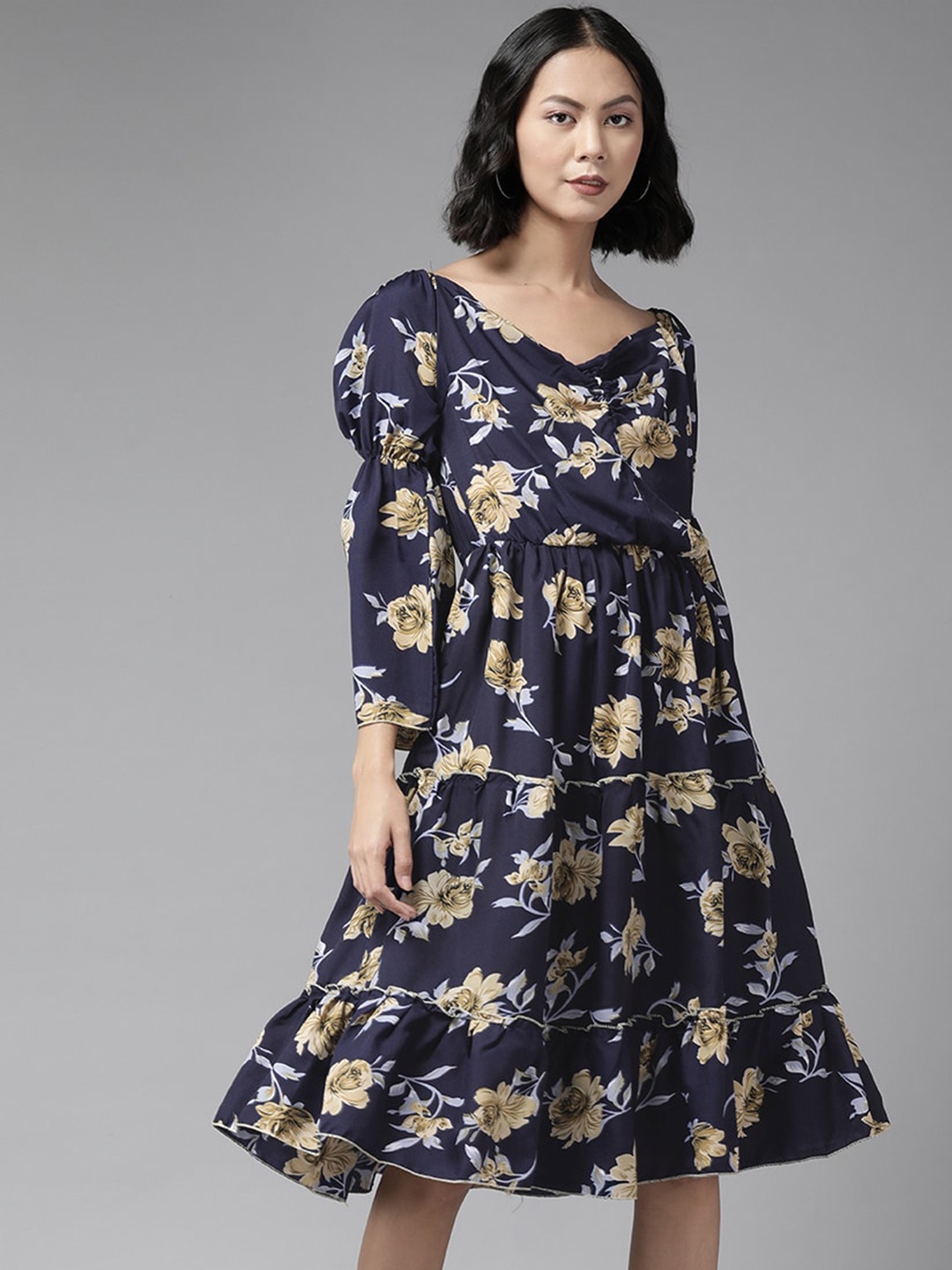 

Aarika Floral Printed V-Neck Puff Sleeves Fit & Flare Dress, Navy blue