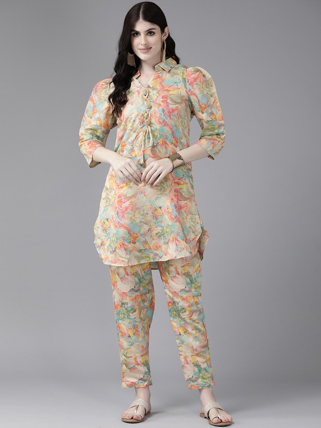 

Aarika Floral Printed Regular Beads & Stones Pure Cotton Kurti With Trousers, Beige