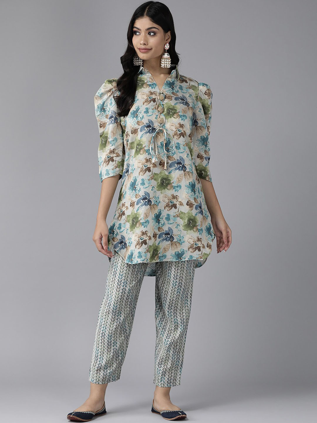 

Aarika Floral Printed Shirt Collar Puff Sleeves Kurta with Trousers, Blue
