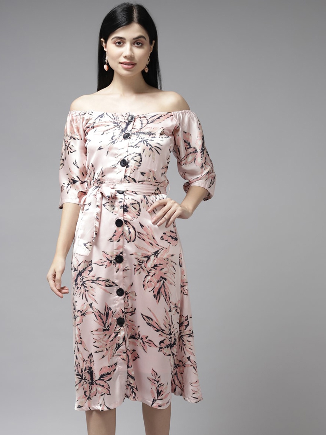 

Aarika Floral Printed Off-Shoulder Georgette Shirt Style Dress, Pink