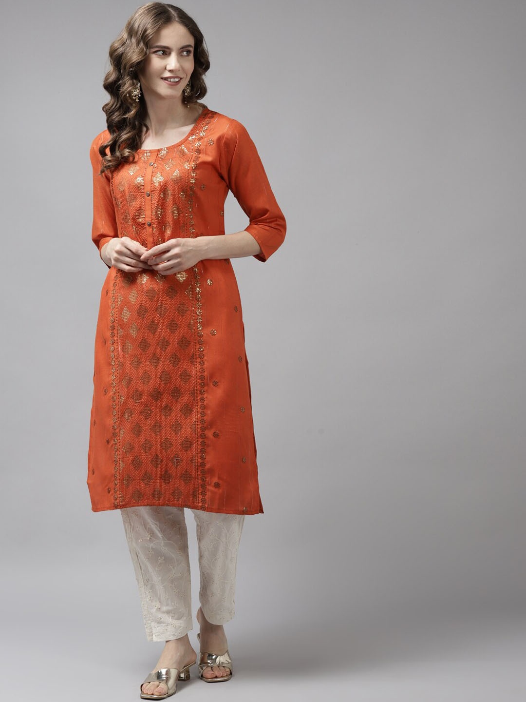 

Aarika Ethnic Motifs Embellished Sequinned Pure Cotton Straight Kurta, Orange