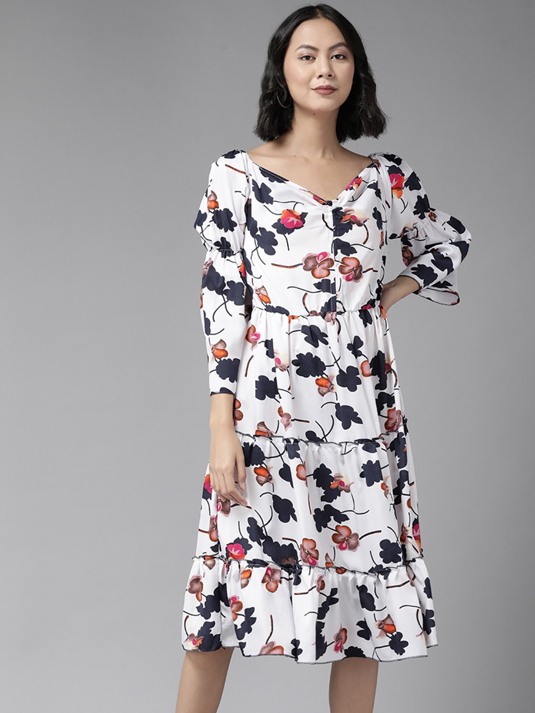 

Aarika Floral Printed V-Neck Bell Sleeve Empire Dress, White