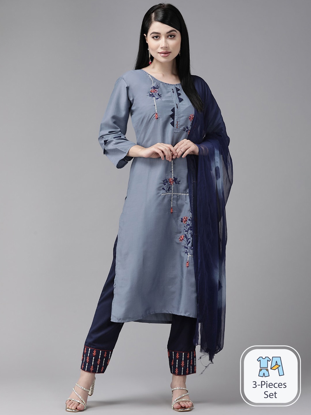 

Aarika Floral Embroidered Regular Sequinned Pure Cotton Kurta With Trousers & Dupatta, Grey
