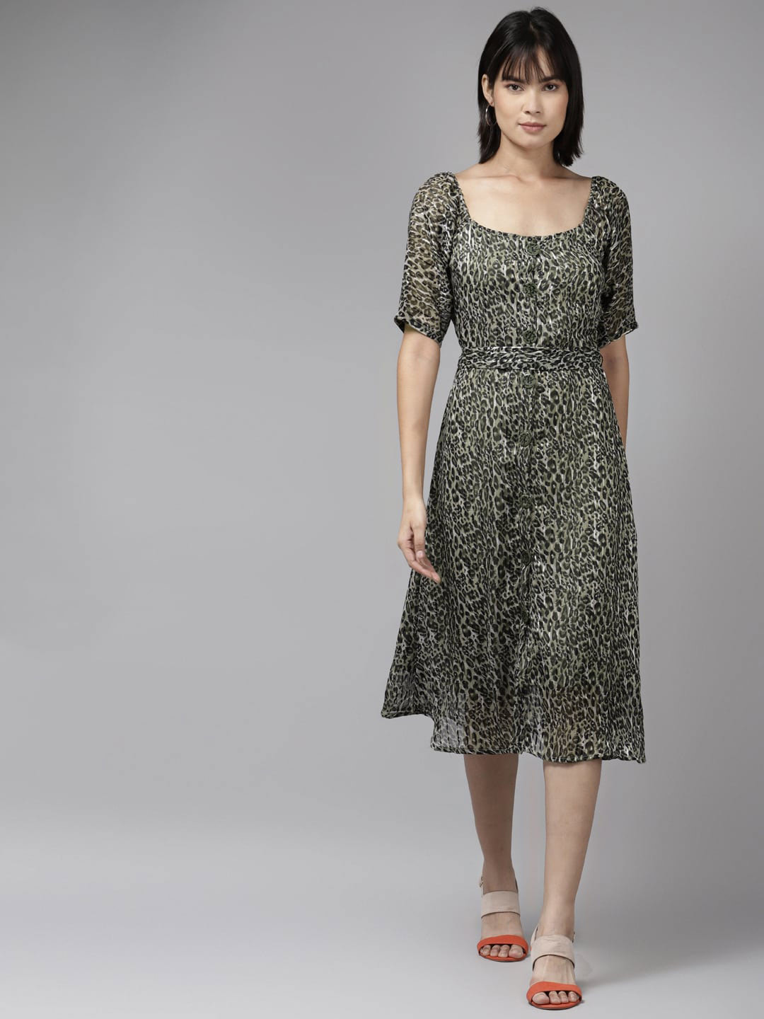 

Aarika Animal Printed Georgette A-Line Dress, Olive