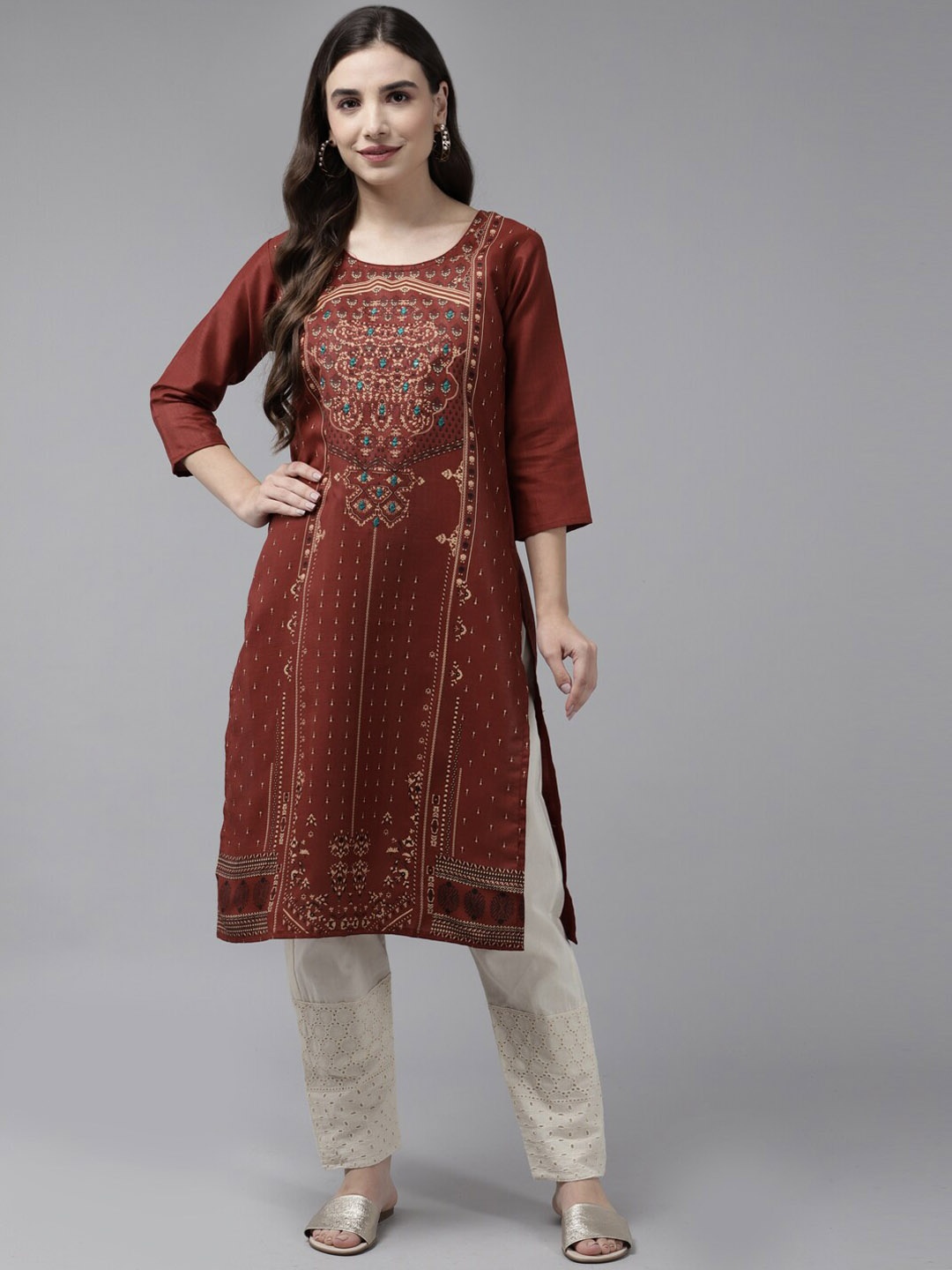 

Aarika Women Ethnic Motifs Printed Cotton Straight Kurta, Maroon