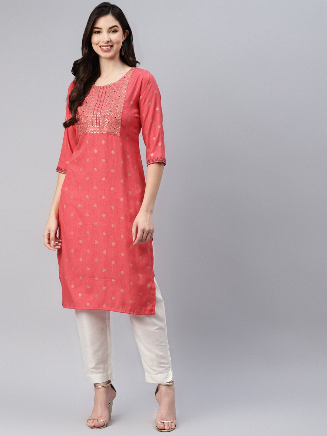 

Aarika Floral Printed Sequinned Cotton Straight Kurta, Red